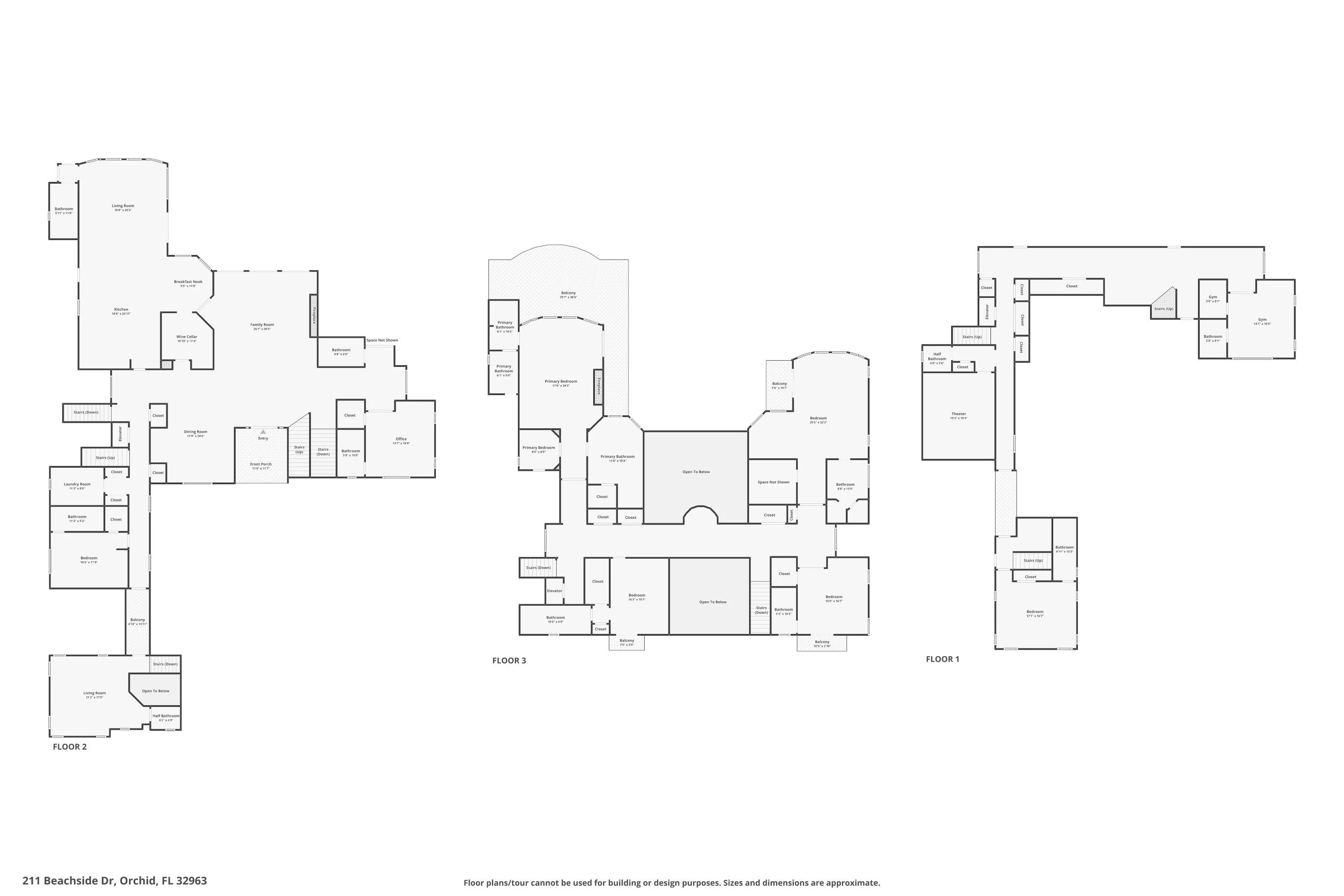Combined floor plate for 211 Beachside Drive showing all three floors of the main house side by side with dimension call-outs
