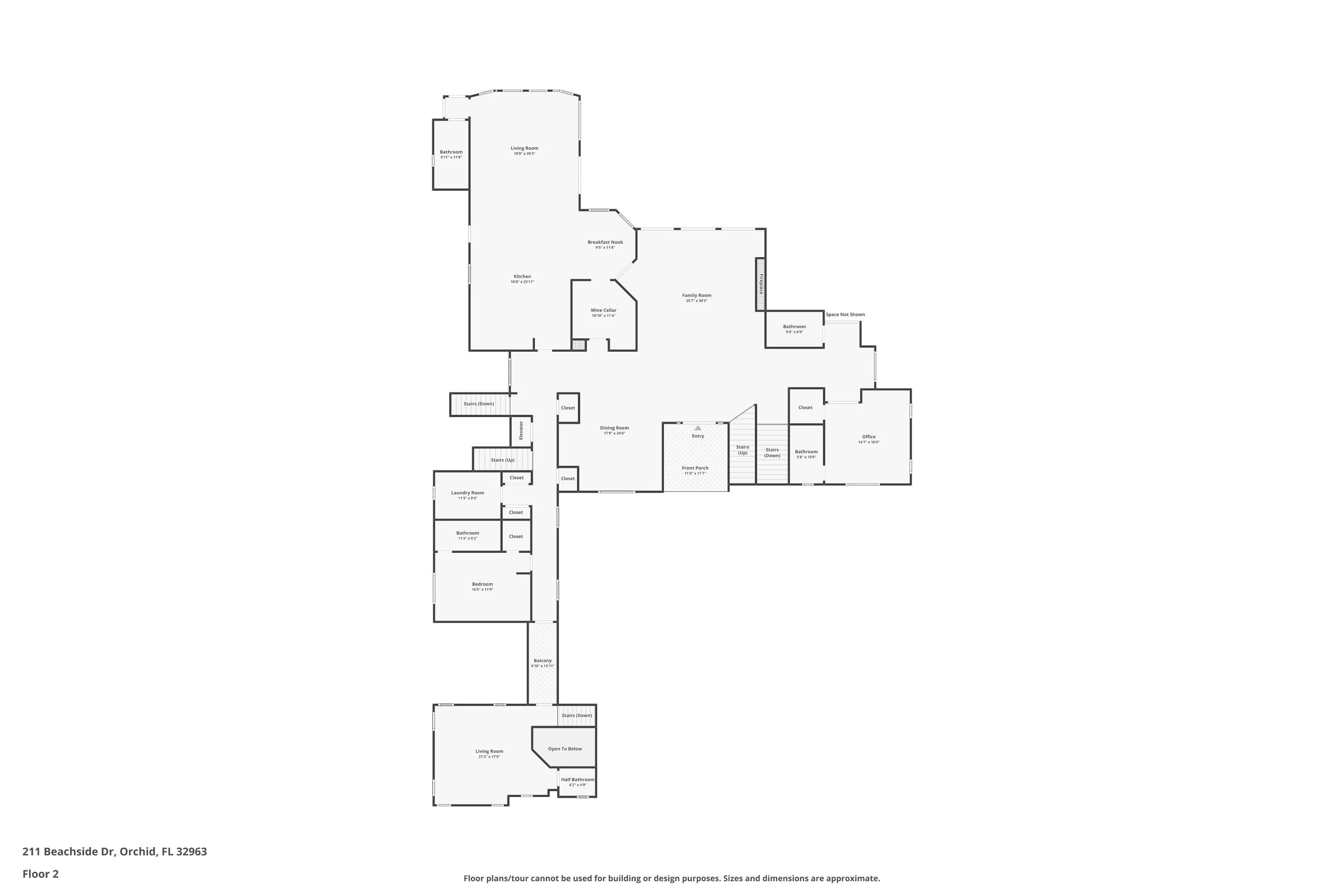 First Floor plate for 211 Beachside Drive showing the great room, gallery, kitchen, formal dining, wine cellar, office, and guest-house wing
