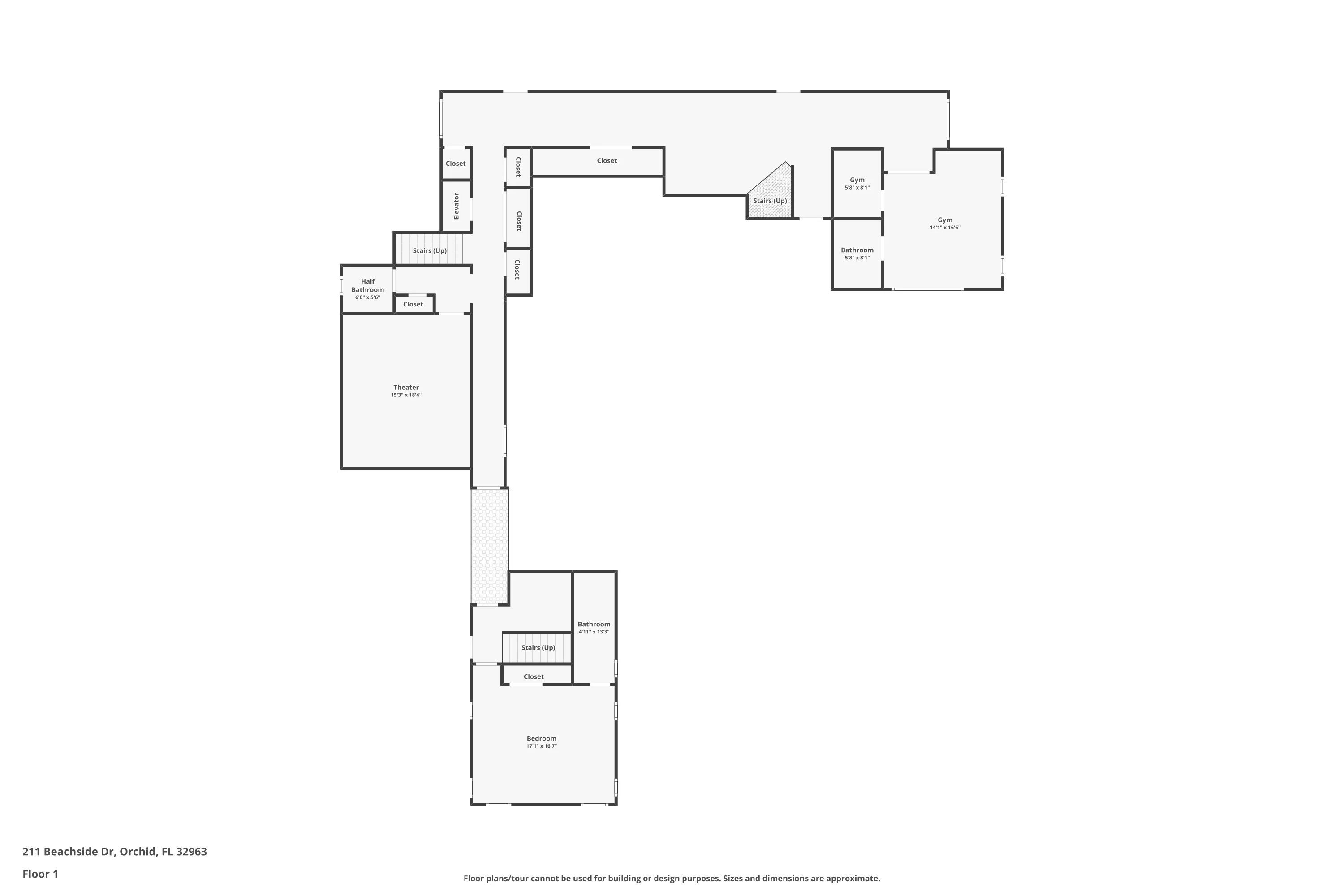 Lower Level floor plate for 211 Beachside Drive showing the theater, gym, lower guest suite, and five-car drive-through garage