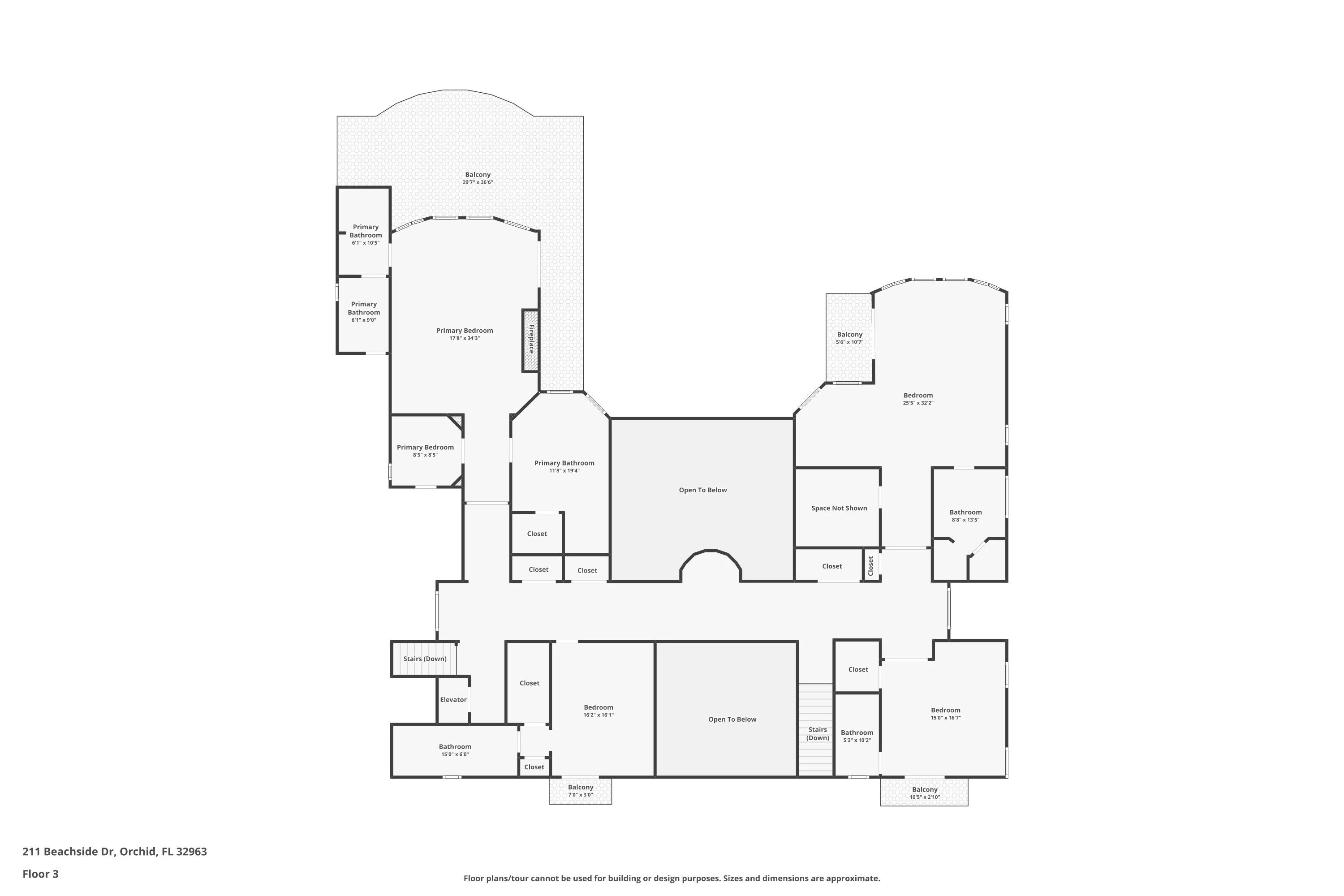 Second Floor plate for 211 Beachside Drive showing the owner's suite with His & Hers baths and oceanfront balcony, plus three guest bedrooms
