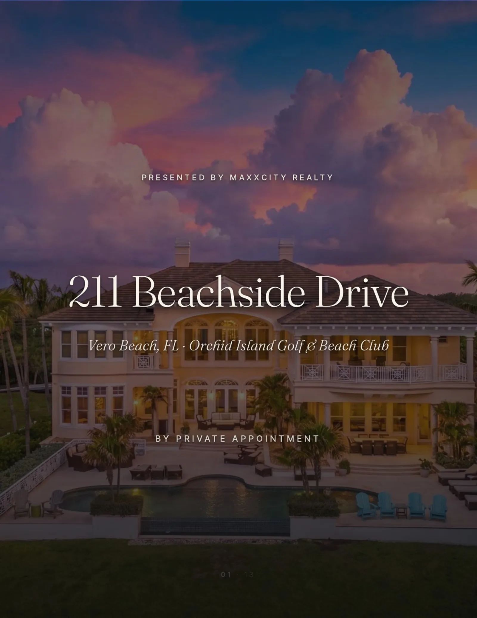 Cover of the 2026 MaxxCity Realty folio for 211 Beachside Drive, twilight composite of the rear facade with the residence's title in display type