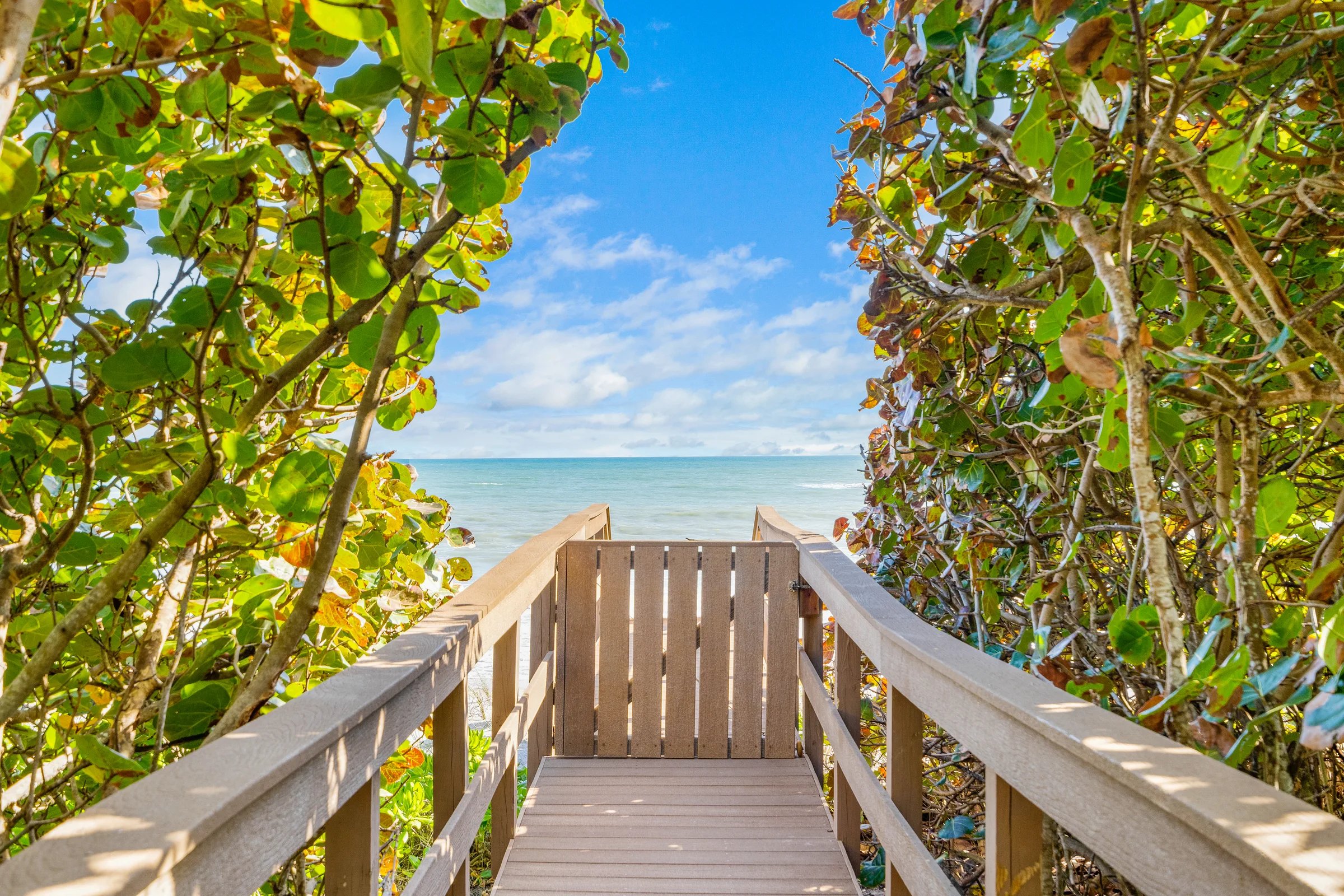 Detail of the private boardwalk through sea-grape dunes leading to 122 ft of Atlantic shoreline at 211 Beachside Drive