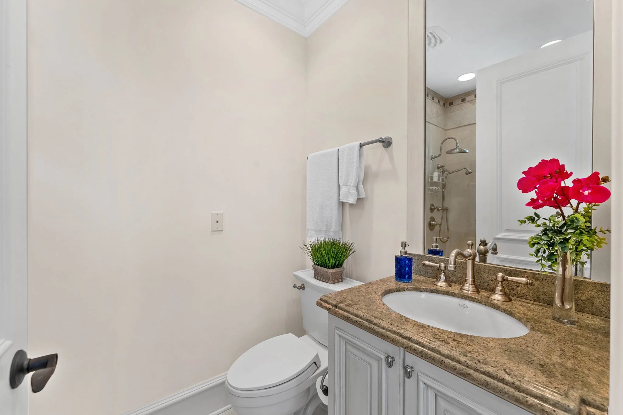 Guest bathroom with granite vanity, brushed bronze fixtures and walk-in shower behind framed mirror