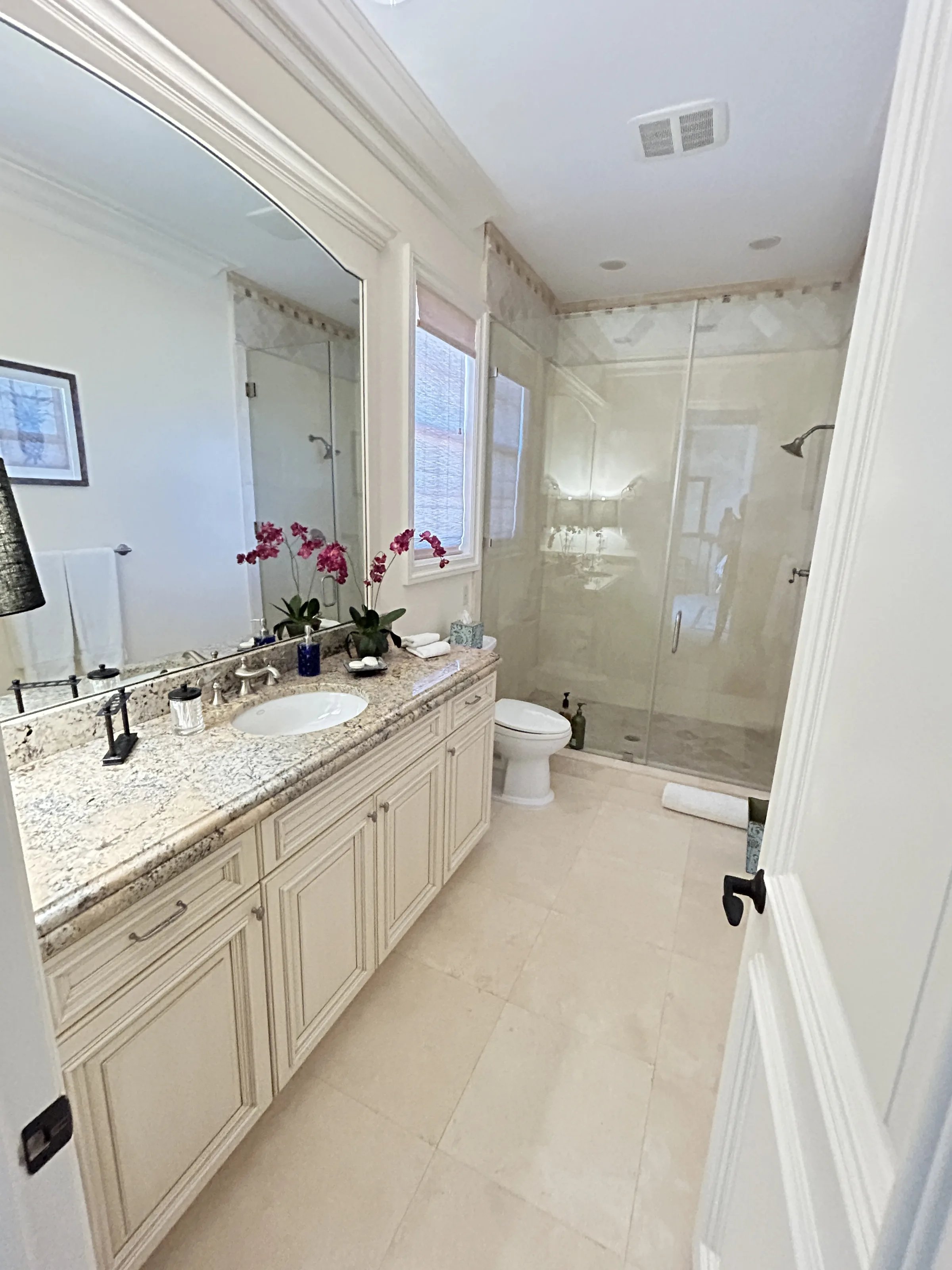 Guest bath with granite vanity, soaking tub and walk-in tiled shower