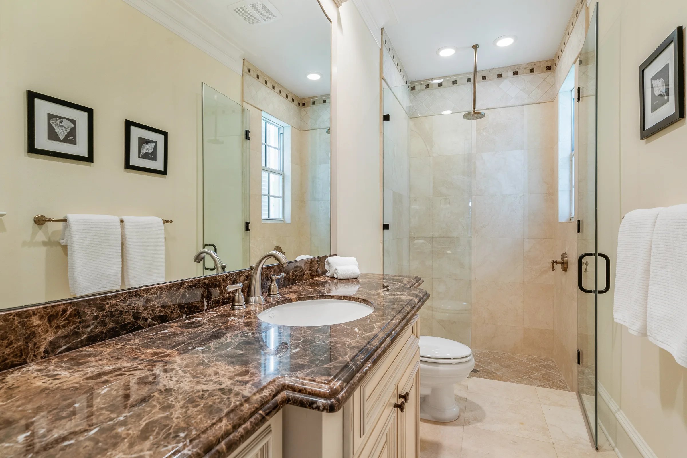 Guest bath with dark marble vanity and glass shower
