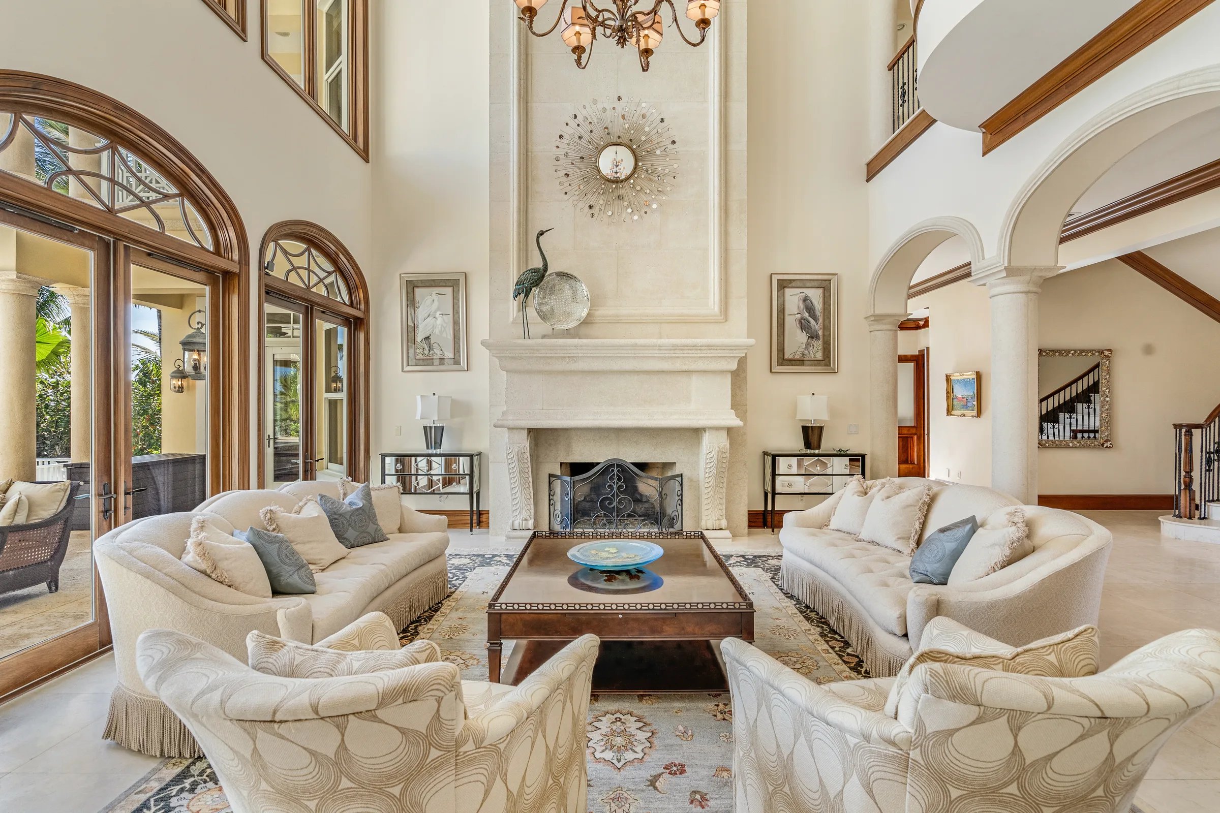 Great room with carved fireplace