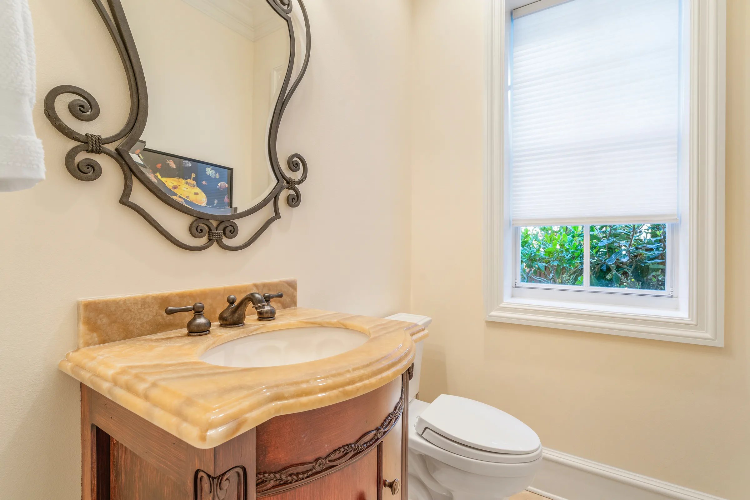 Powder room with ornate iron mirror